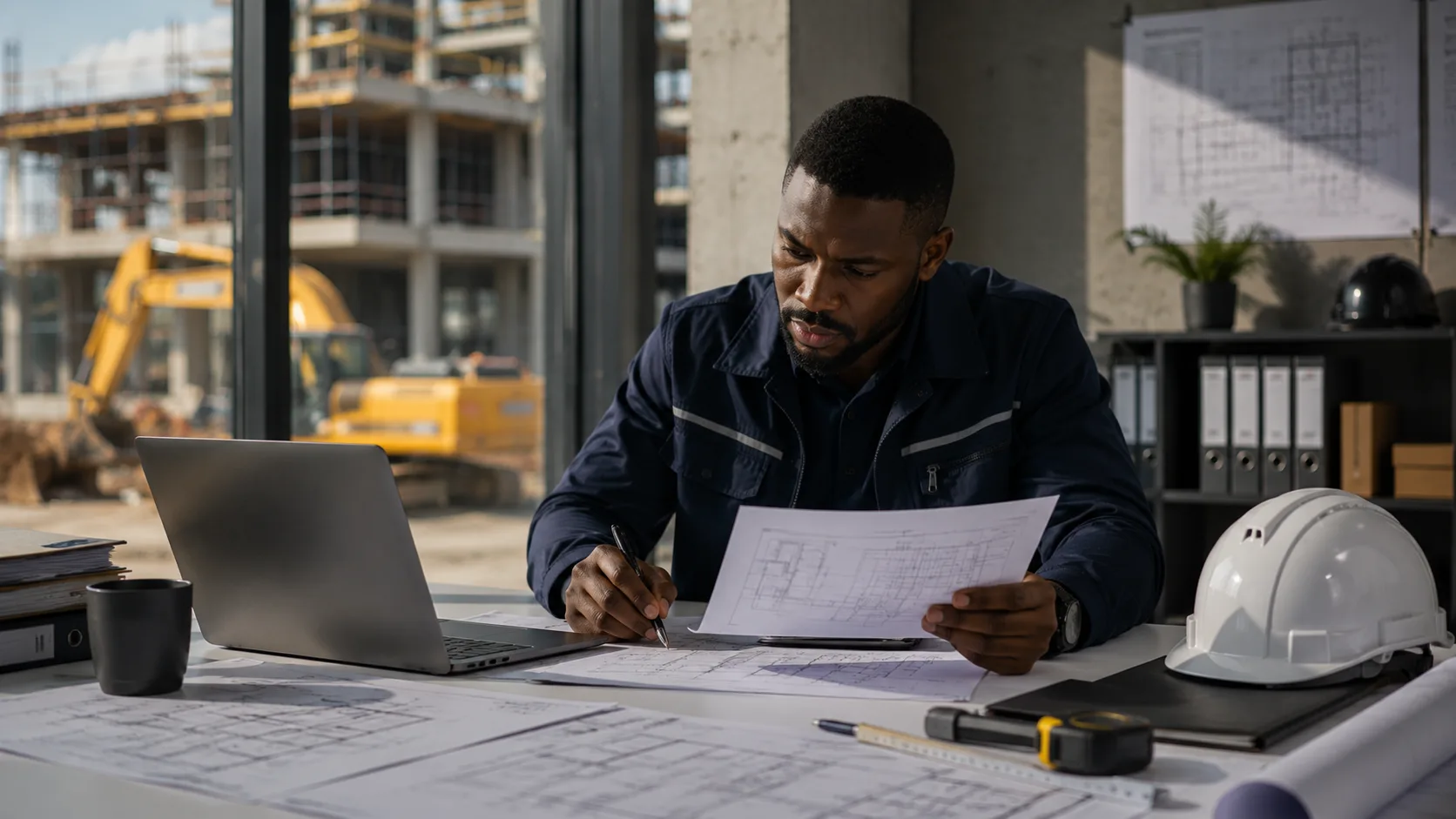 Professionnel du BTP examinant des plans de chantier, casque de chantier posé à côté de son ordinateur portable