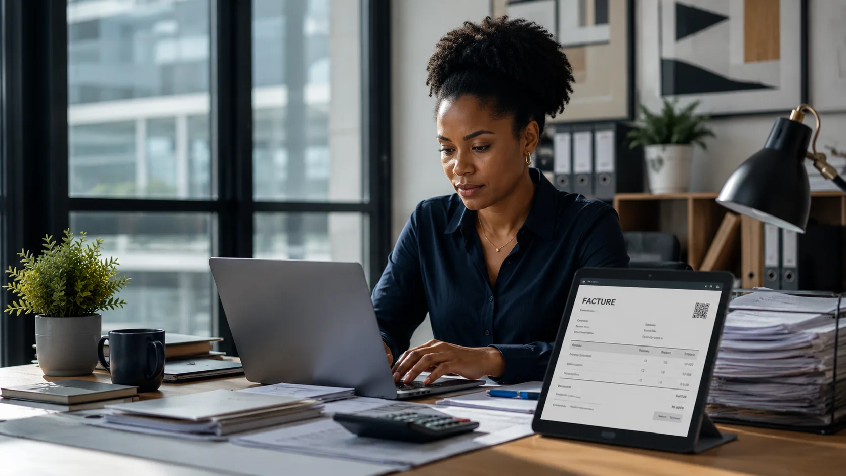 Professionnelle consultant une facture électronique sur tablette à côté de son ordinateur portable