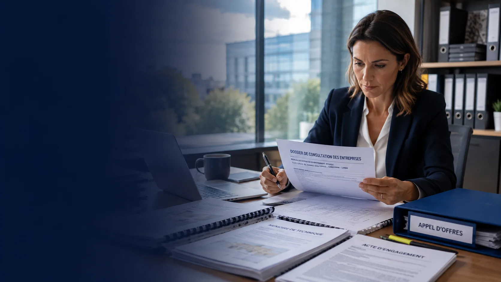 Professionnelle examinant un dossier de consultation des entreprises et un mémoire technique pour répondre à un appel d'offres public